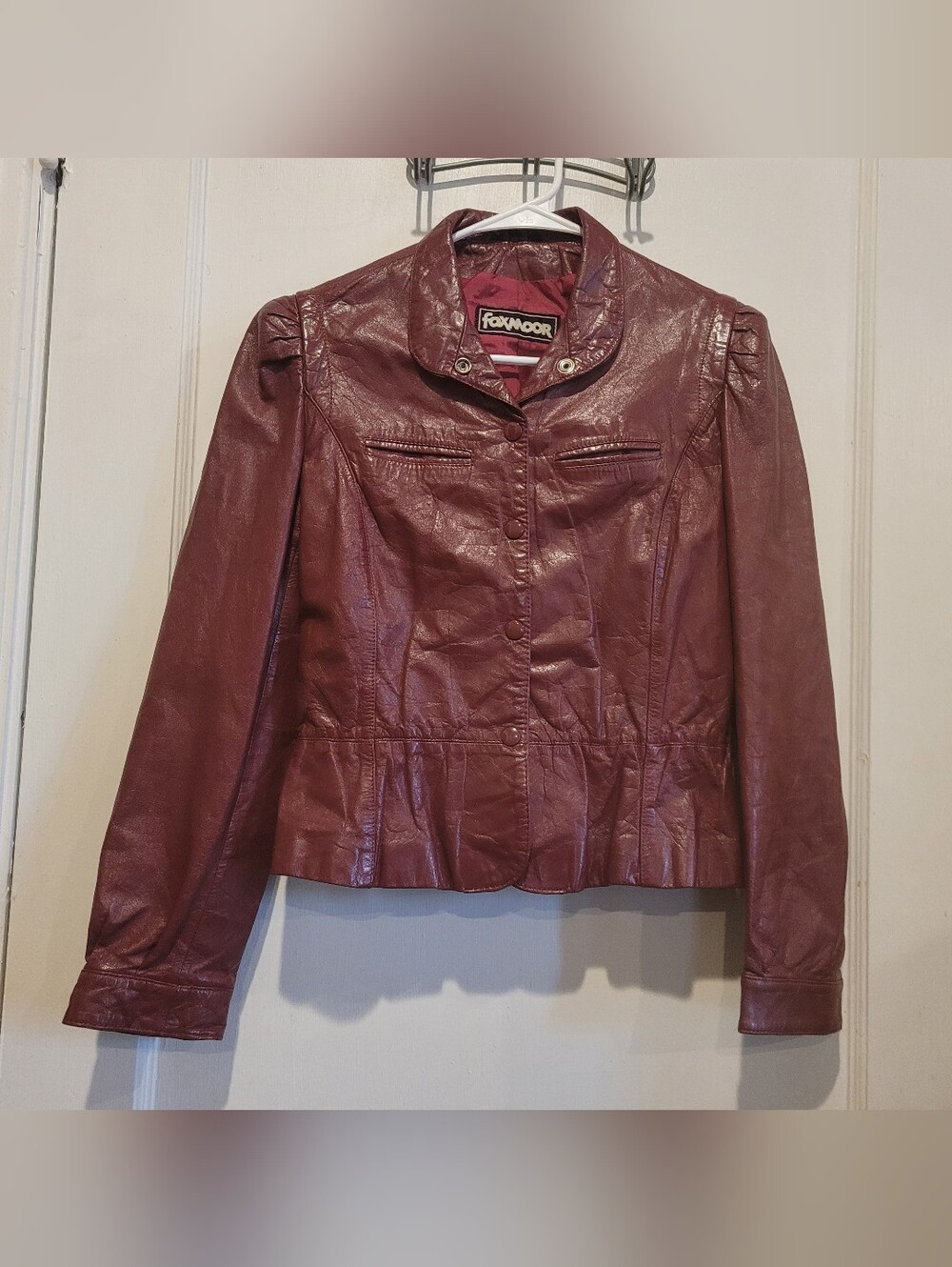 Vintage Ladies Foxmoor 80s Leather Bomber Moto Jacket Burgundy S/M